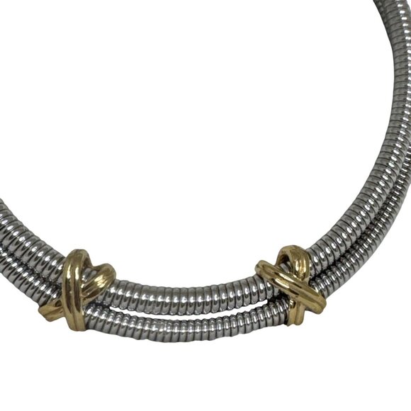 Vintage Two-Tone Flexible Metal Choker Necklace With Gold Accents - Picture 2 of 5